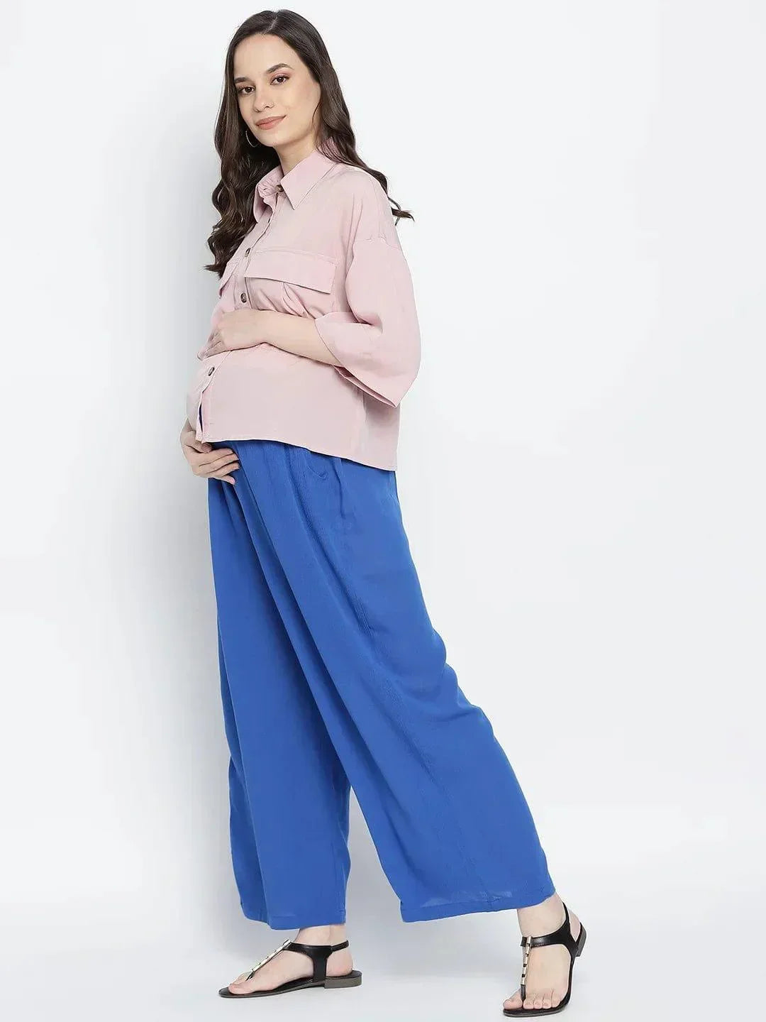 Blast Aqua Blue Maternity Smocking Waist Pants For Women - oxolloxo
