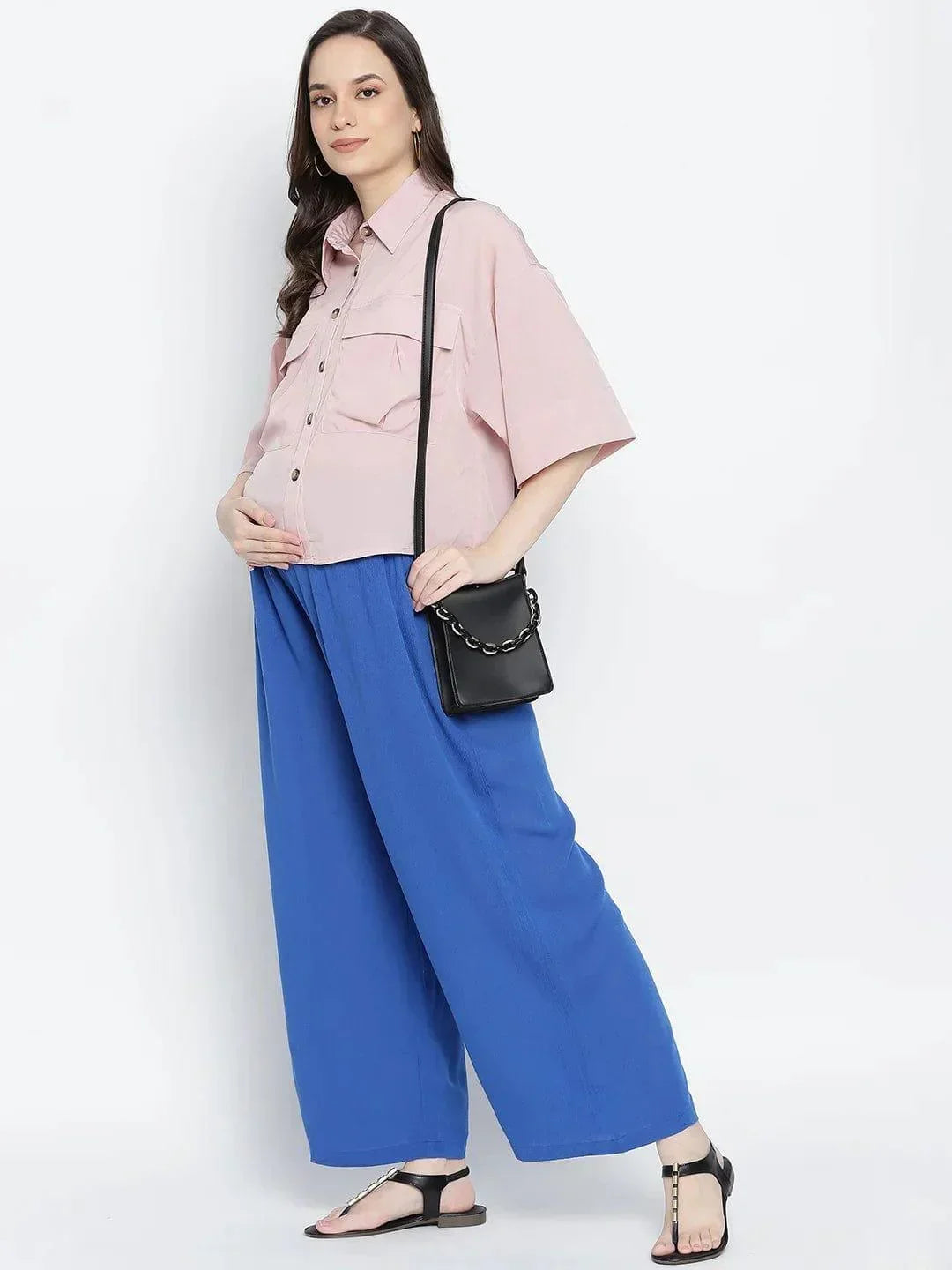 Blast Aqua Blue Maternity Smocking Waist Pants For Women - oxolloxo