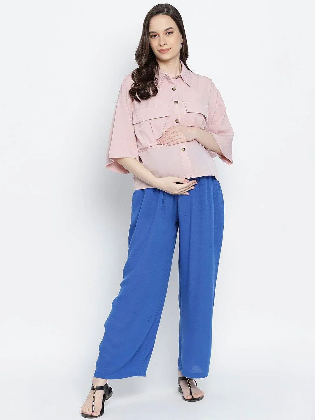 Blast Aqua Blue Maternity Smocking Waist Pants For Women - oxolloxo
