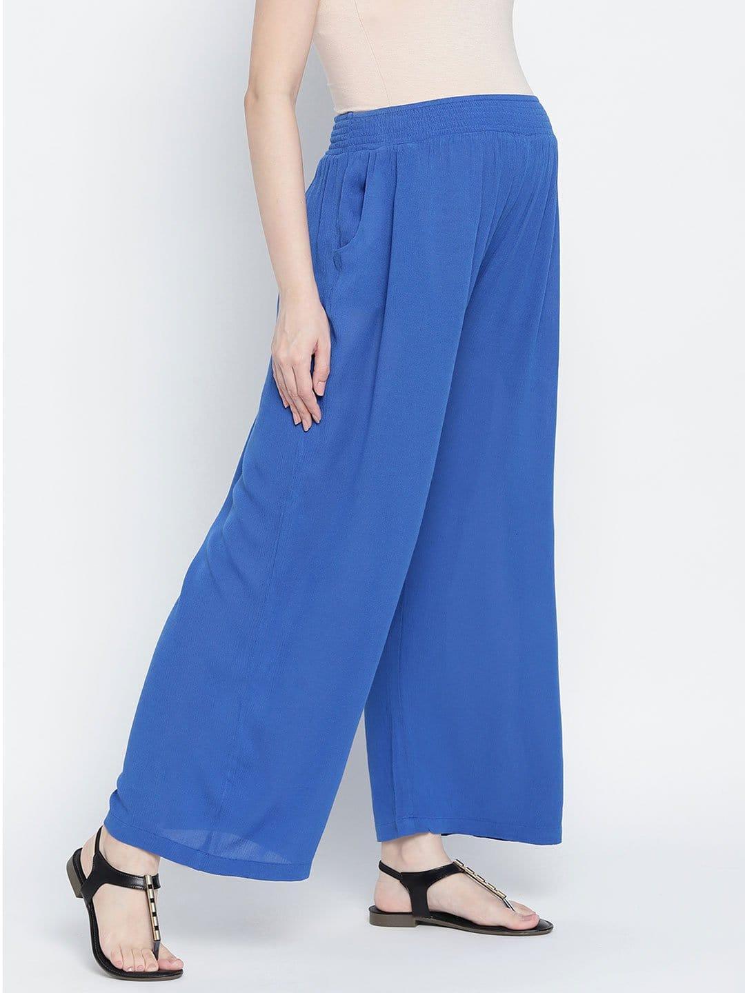 Blast Aqua Blue Maternity Smocking Waist Pants For Women - oxolloxo