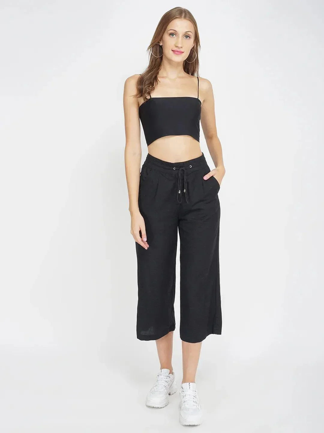 Solid Black Womenâ€™s Trouser Linen Blend Pant For Comfortable Fit - oxolloxo