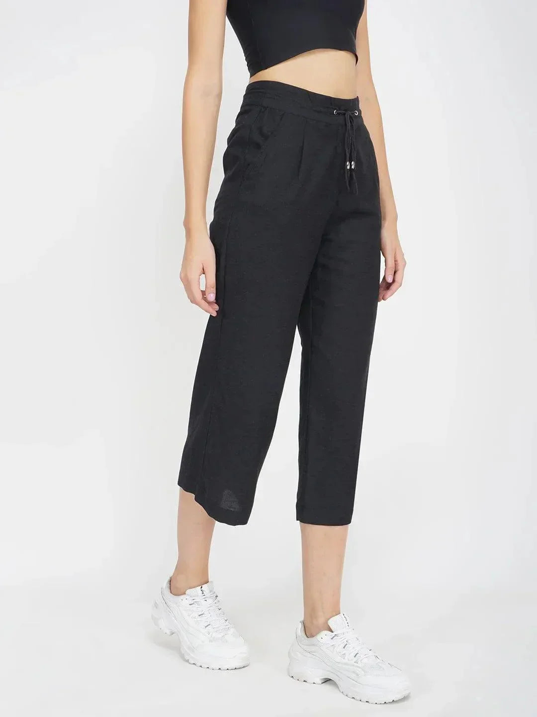 Solid Black Womenâ€™s Trouser Linen Blend Pant For Comfortable Fit - oxolloxo