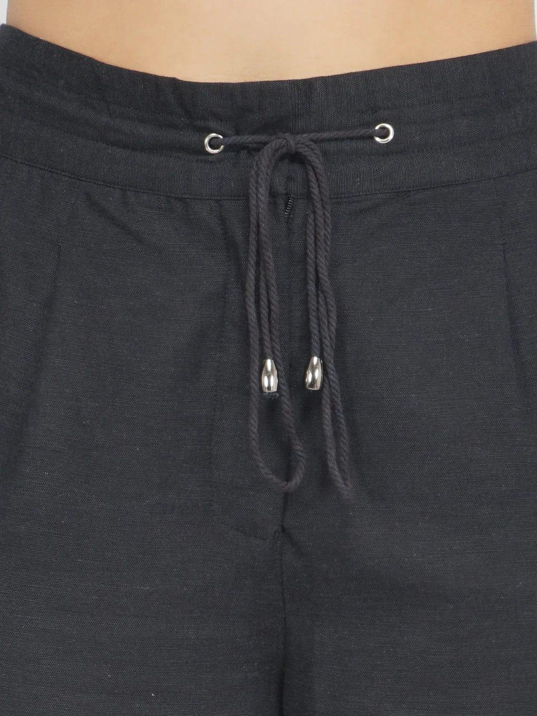 Solid Black Womenâ€™s Trouser Linen Blend Pant For Comfortable Fit - oxolloxo