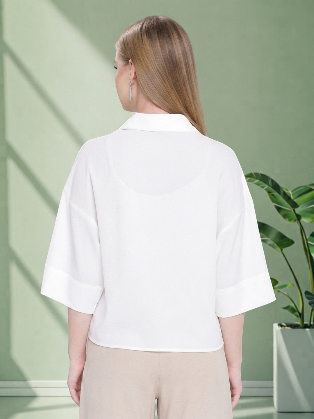White women's blouse with 3/4 sleeves, back view, plus size fashion