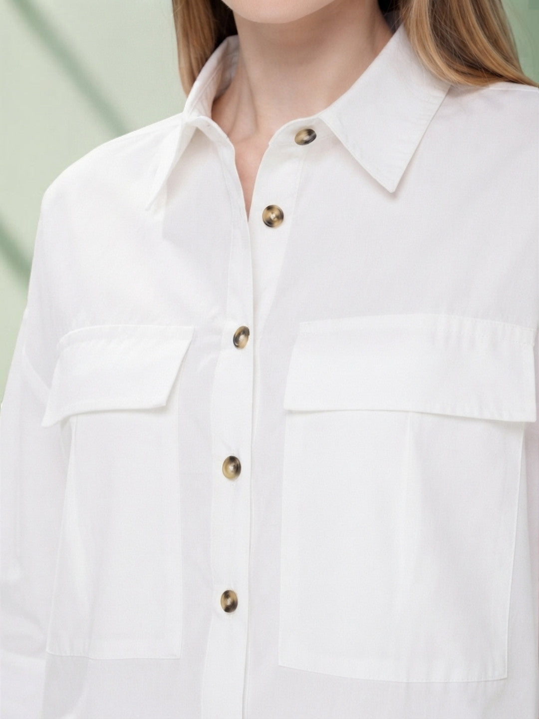 White button-up shirt with chest pockets, plus size women's fashion
