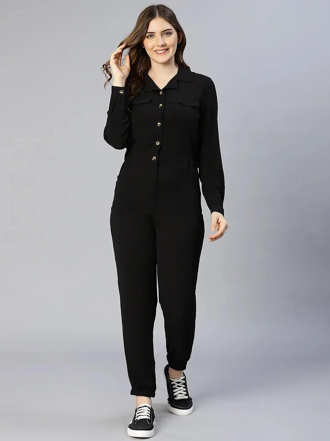 On Trend Black Button-Down Women Jumpsuit - oxolloxo
