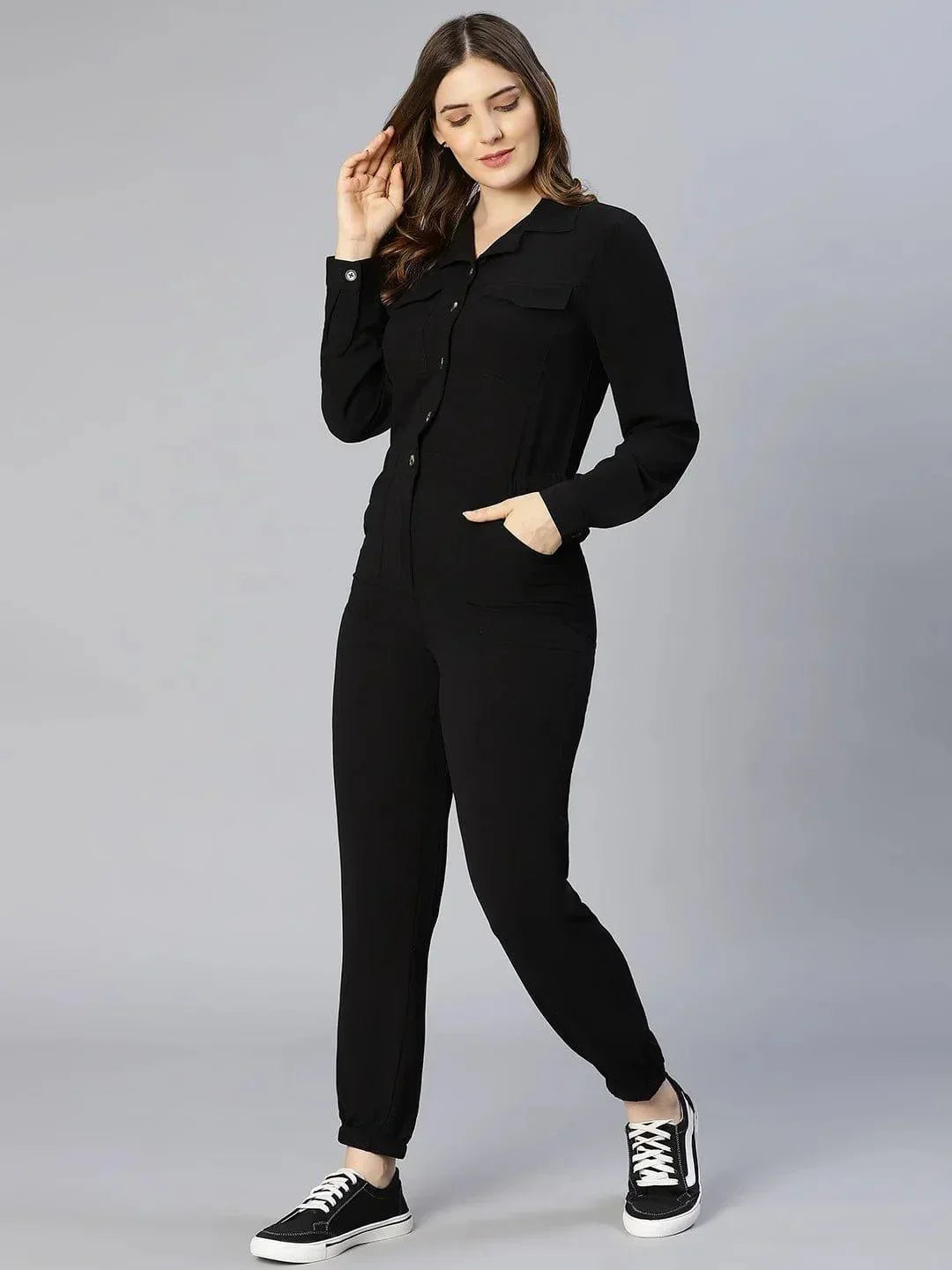 On Trend Black Button-Down Women Jumpsuit - oxolloxo