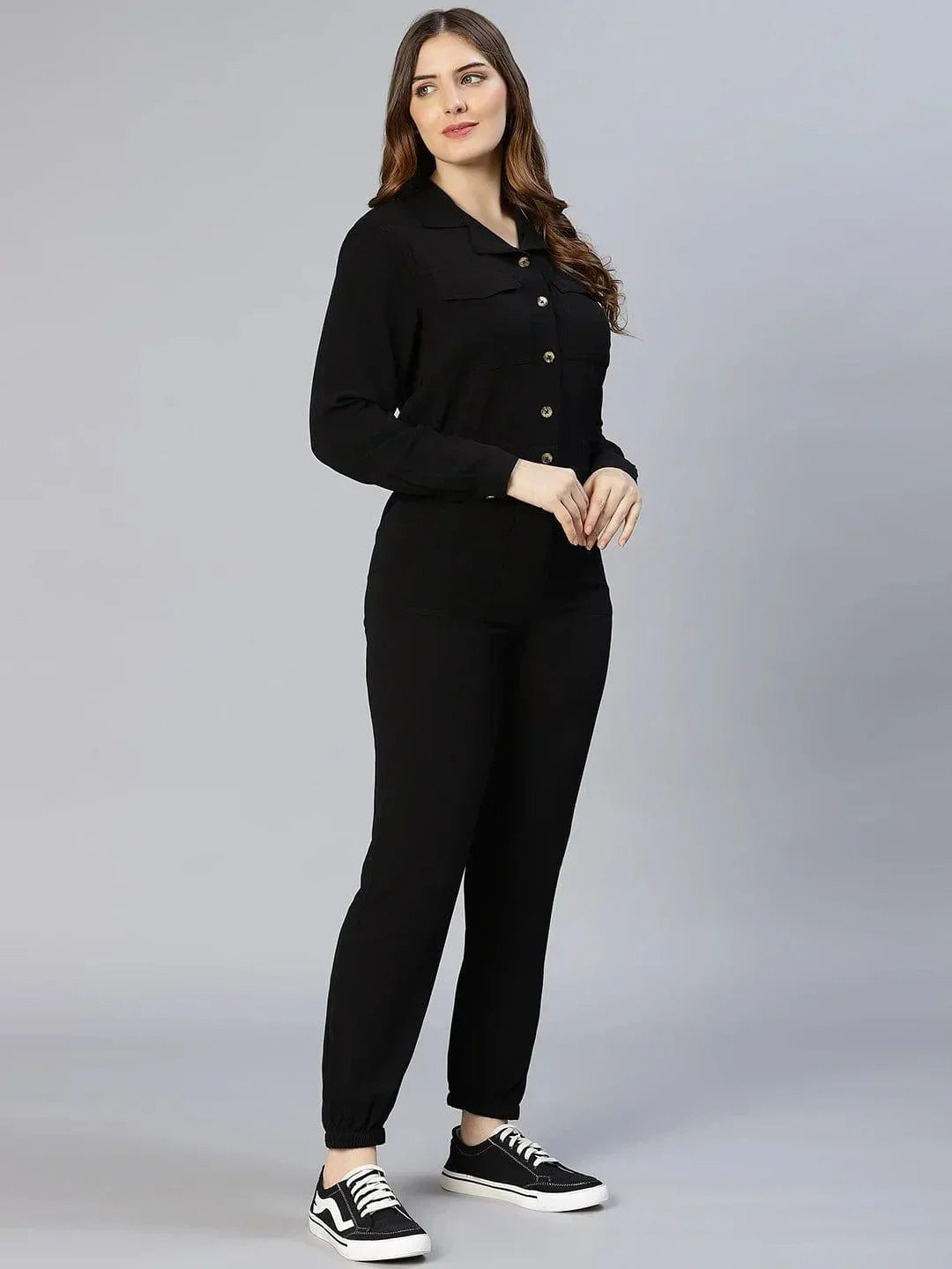 On Trend Black Button-Down Women Jumpsuit - oxolloxo