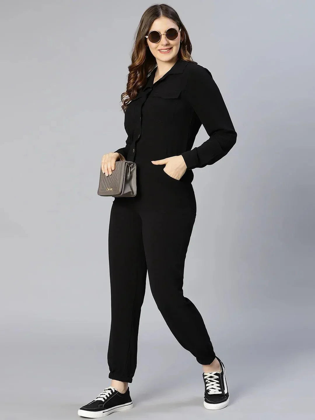 On Trend Black Button-Down Women Jumpsuit - oxolloxo