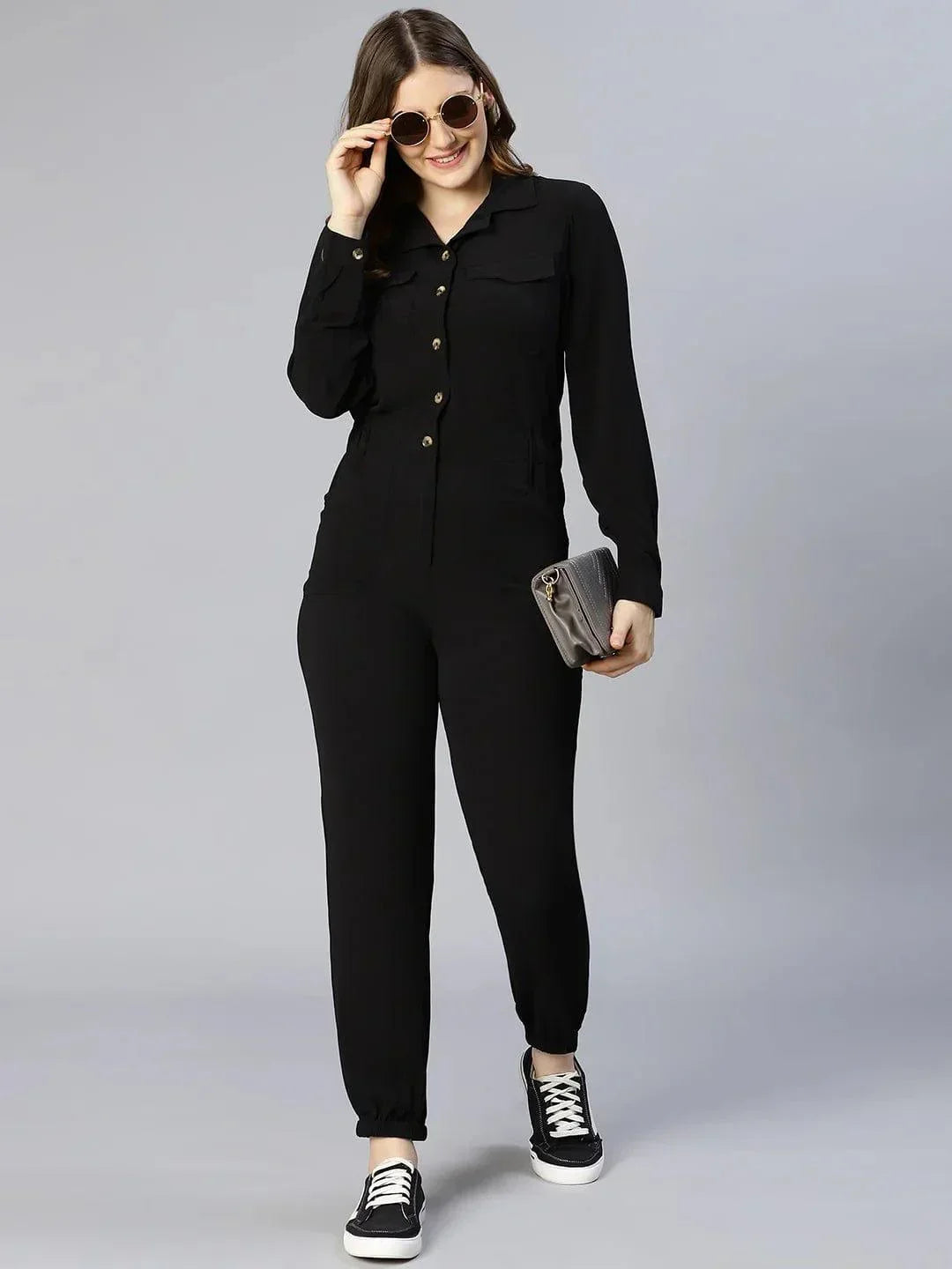 On Trend Black Button-Down Women Jumpsuit - oxolloxo