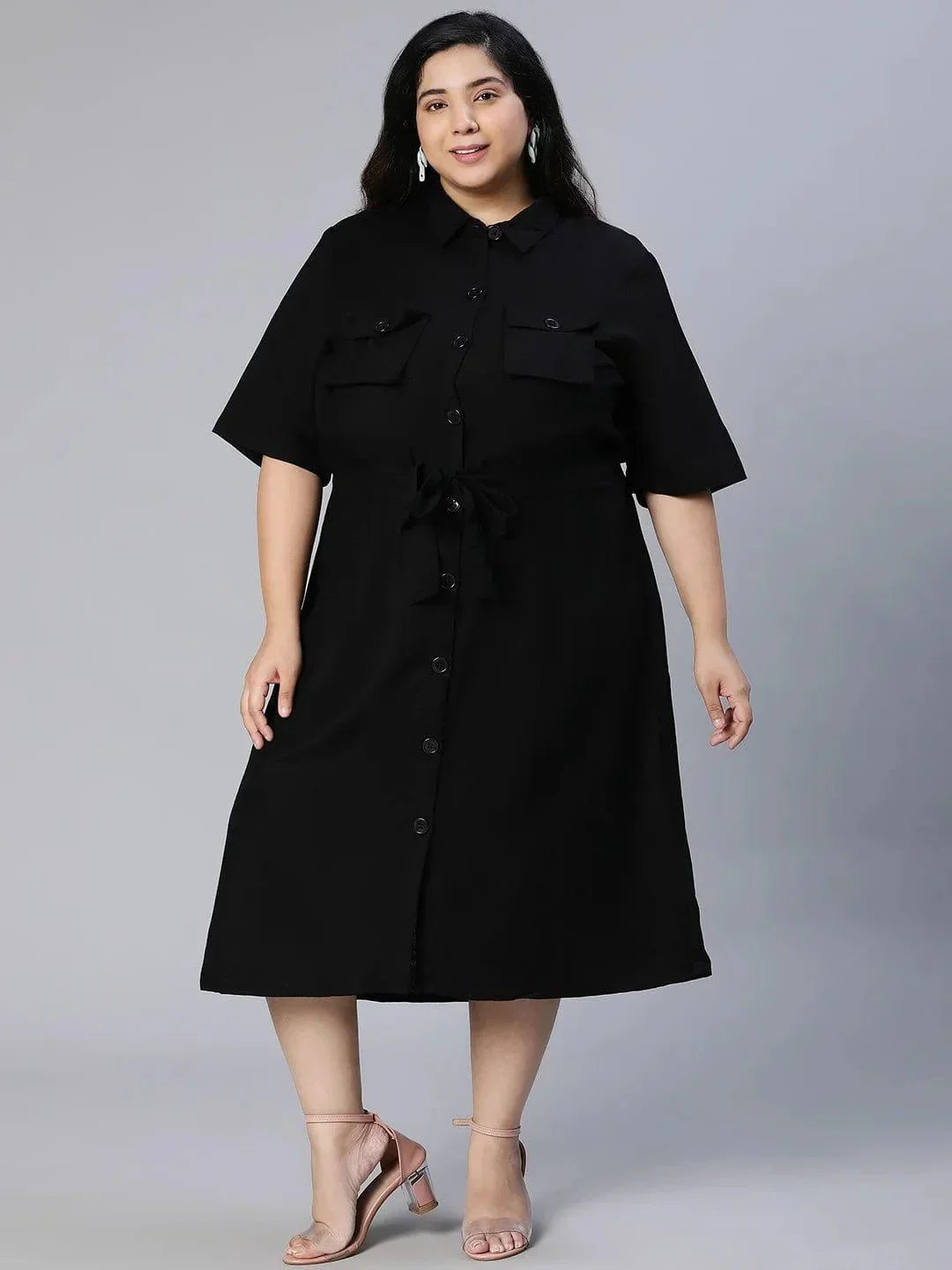 Candid Black Button-Down Plus Size Linen Blend Plus Size Curvy Dress Now - oxolloxo