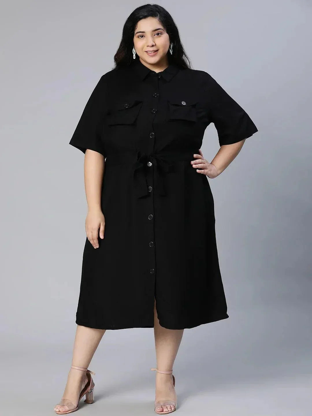 Candid Black Button-Down Plus Size Linen Blend Plus Size Curvy Dress Now - oxolloxo