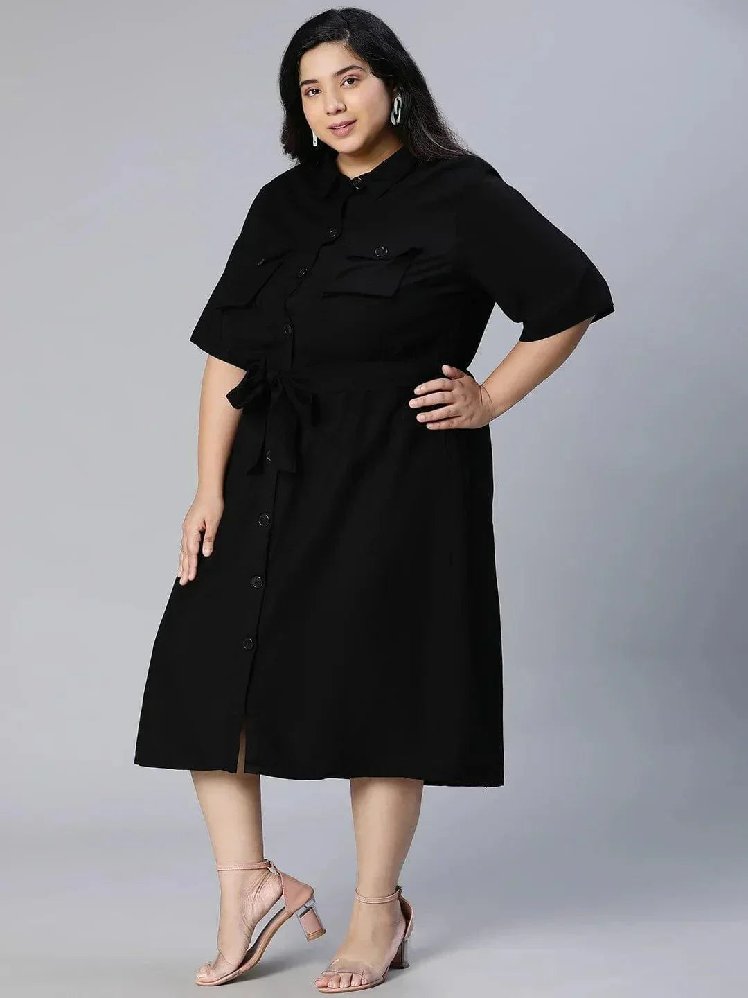 Candid Black Button-Down Plus Size Linen Blend Plus Size Curvy Dress Now - oxolloxo