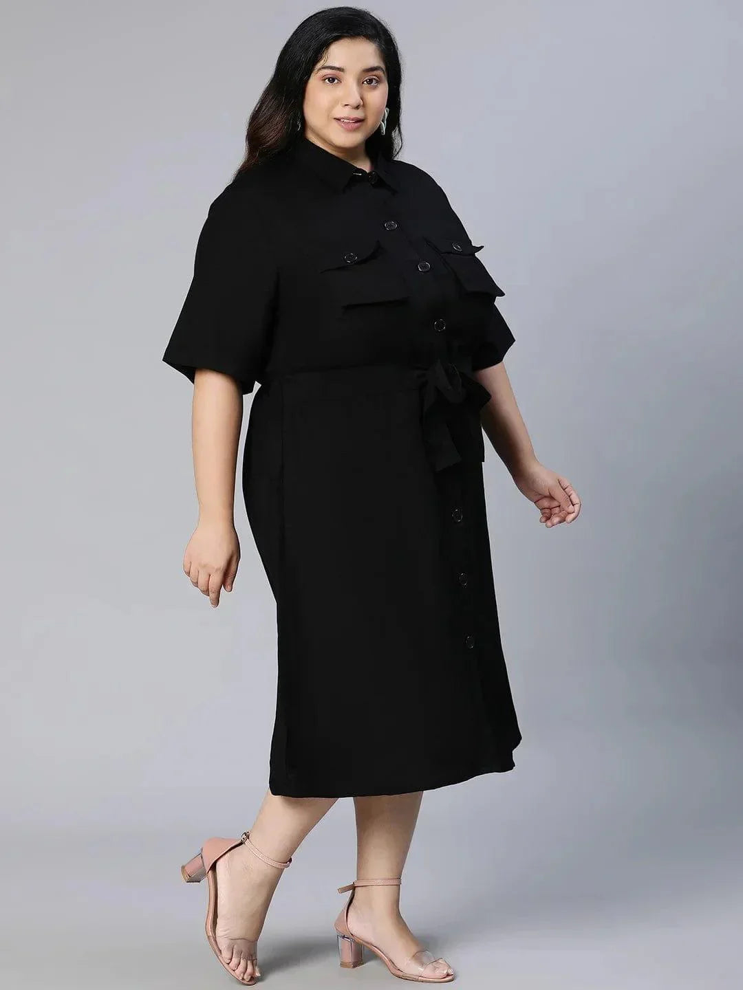 Candid Black Button-Down Plus Size Linen Blend Plus Size Curvy Dress Now - oxolloxo