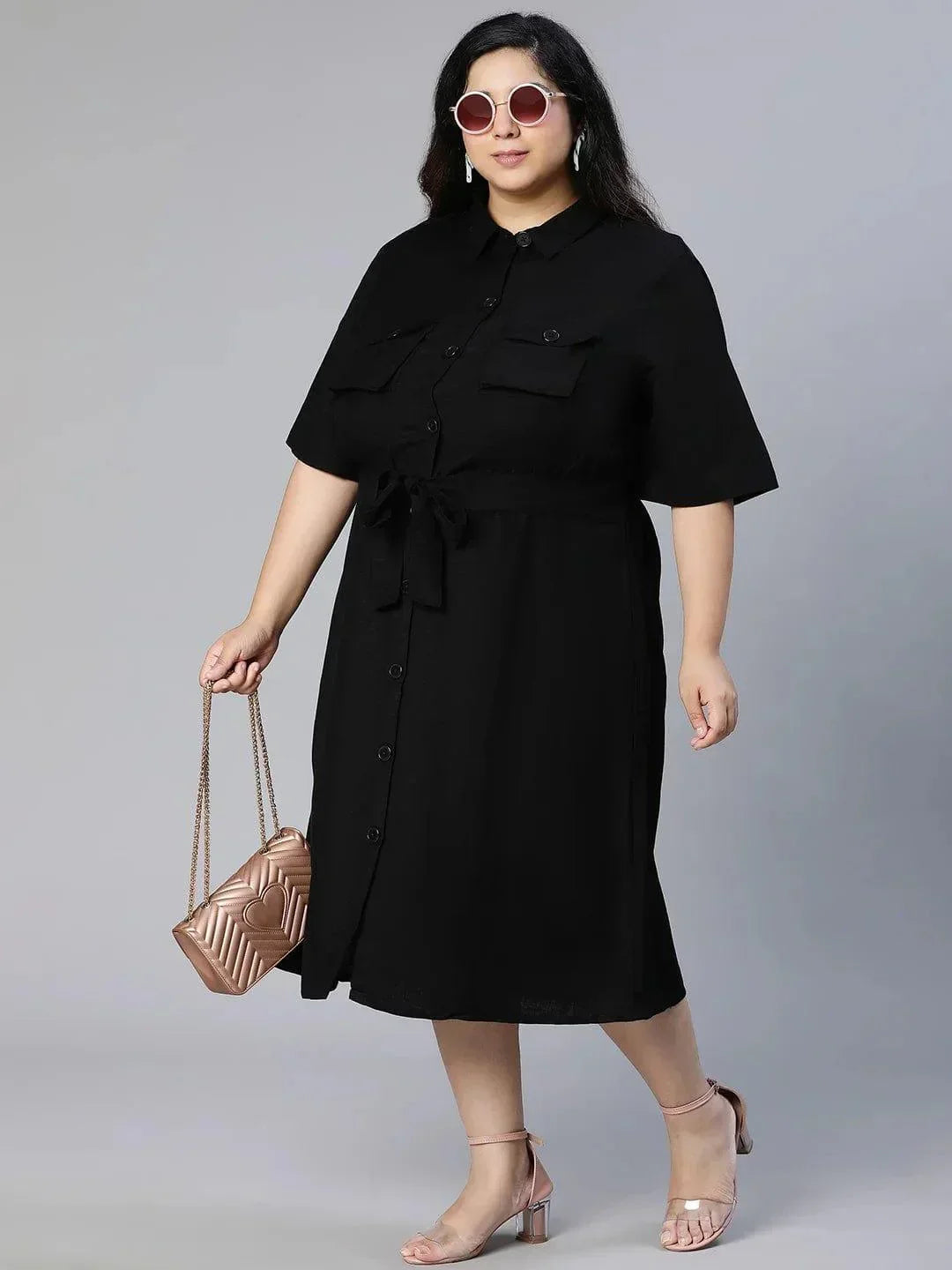 Candid Black Button-Down Plus Size Linen Blend Plus Size Curvy Dress Now - oxolloxo
