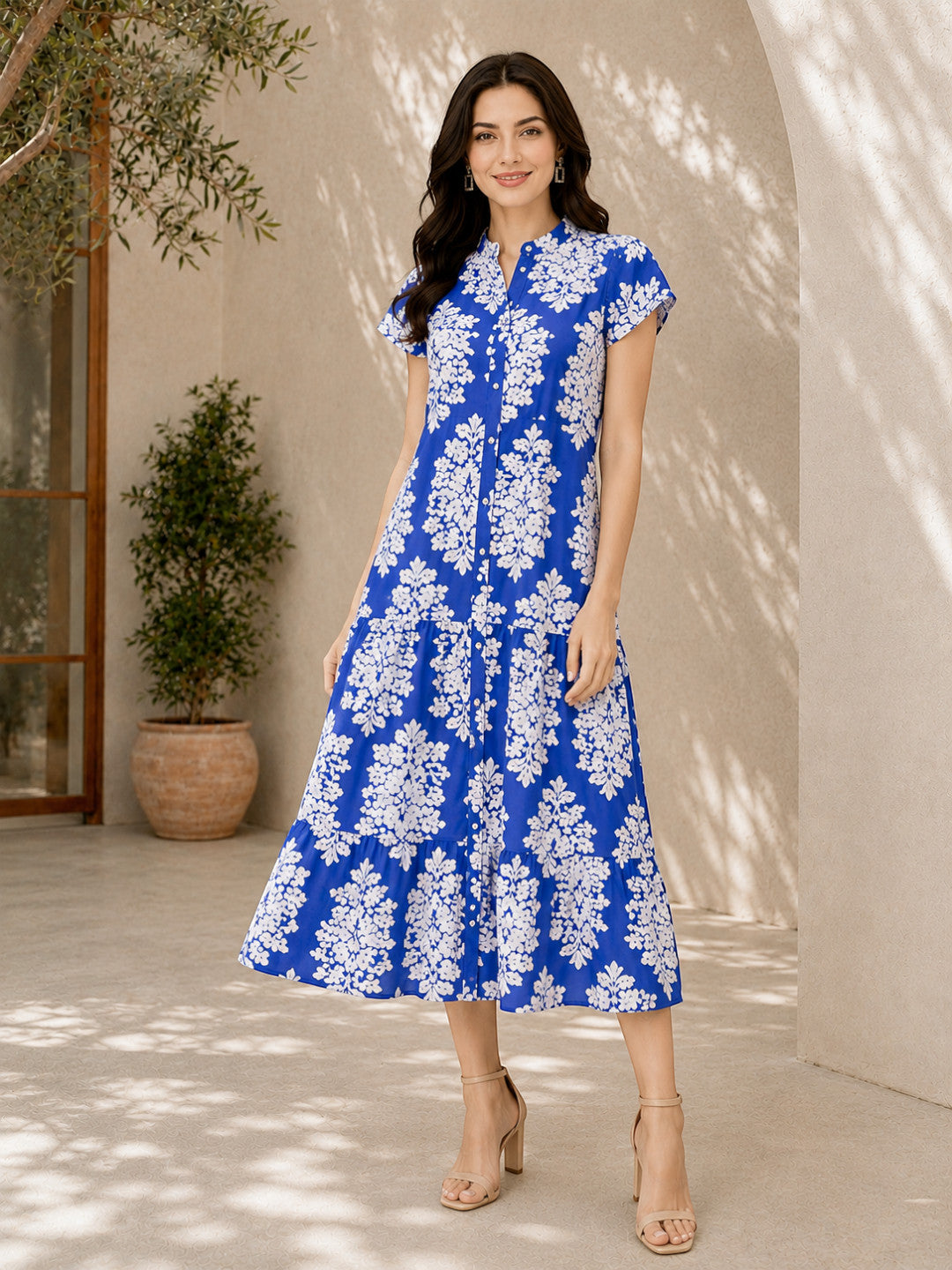 Blue Tropical Printed Rayon Dress