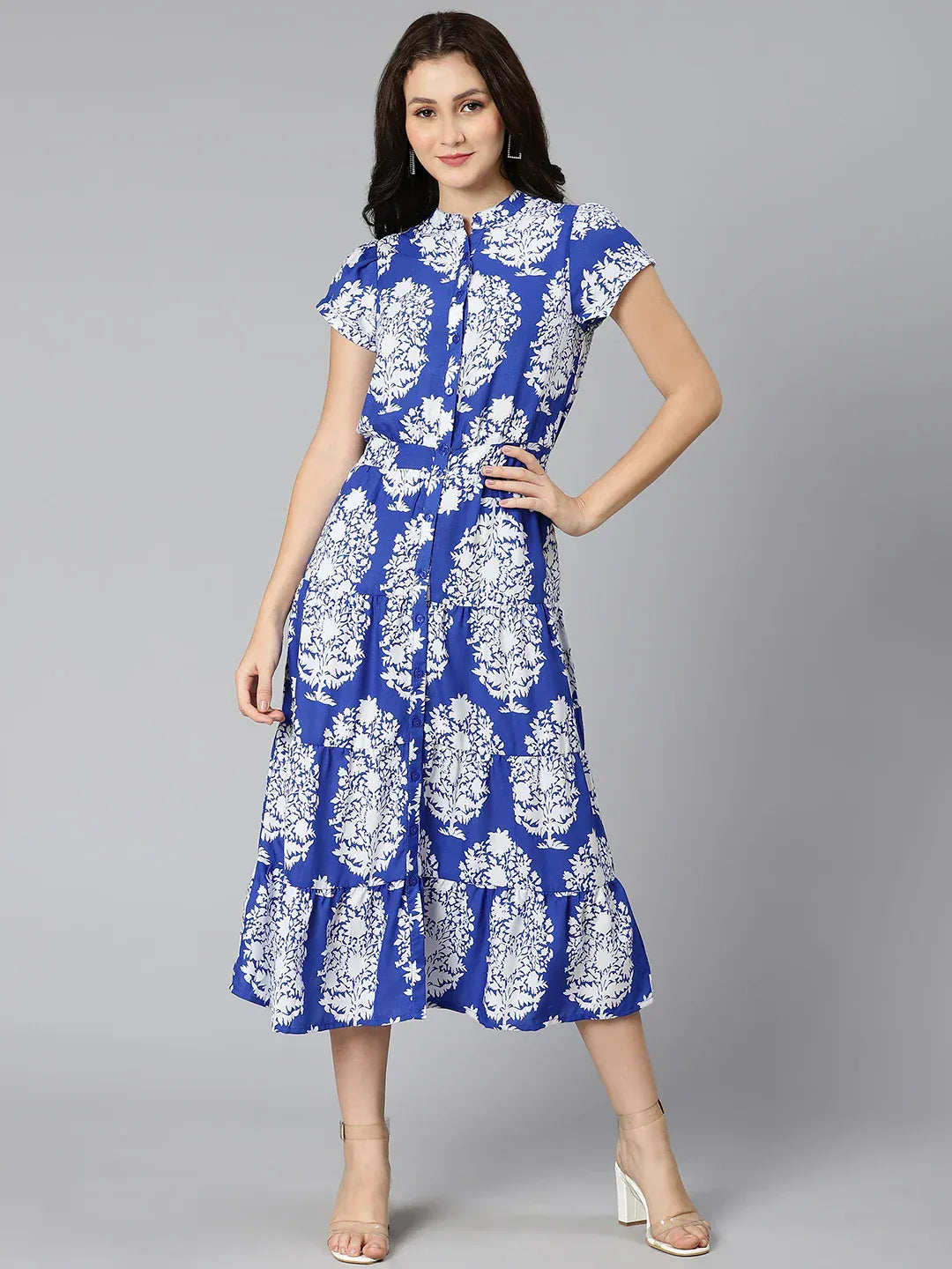 Blue Tropical Printed Rayon Dress