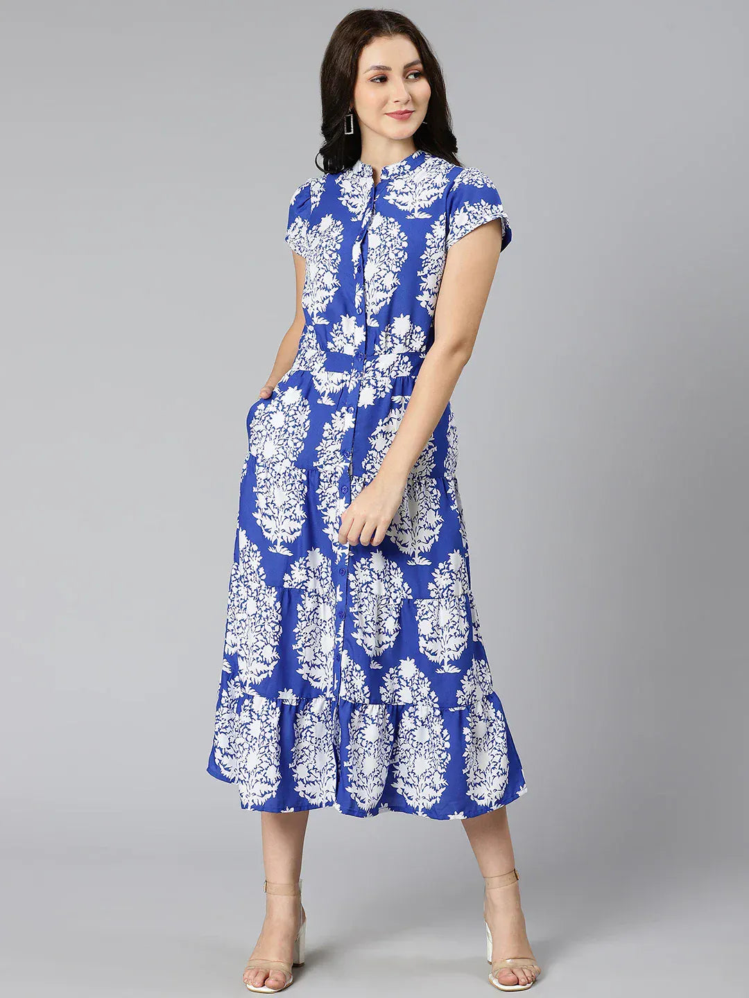 Blue Tropical Printed Rayon Dress