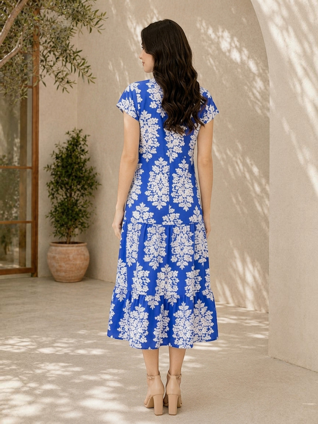 freely blue tropical printed button dowm women dress
