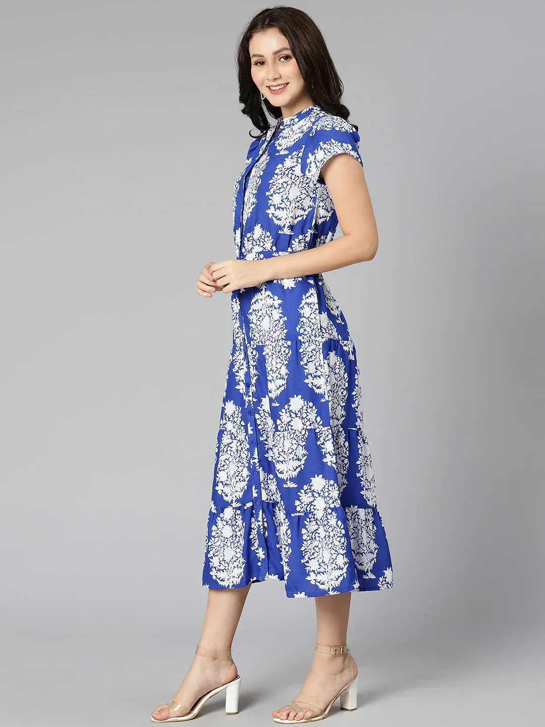 Blue Tropical Printed Rayon Dress