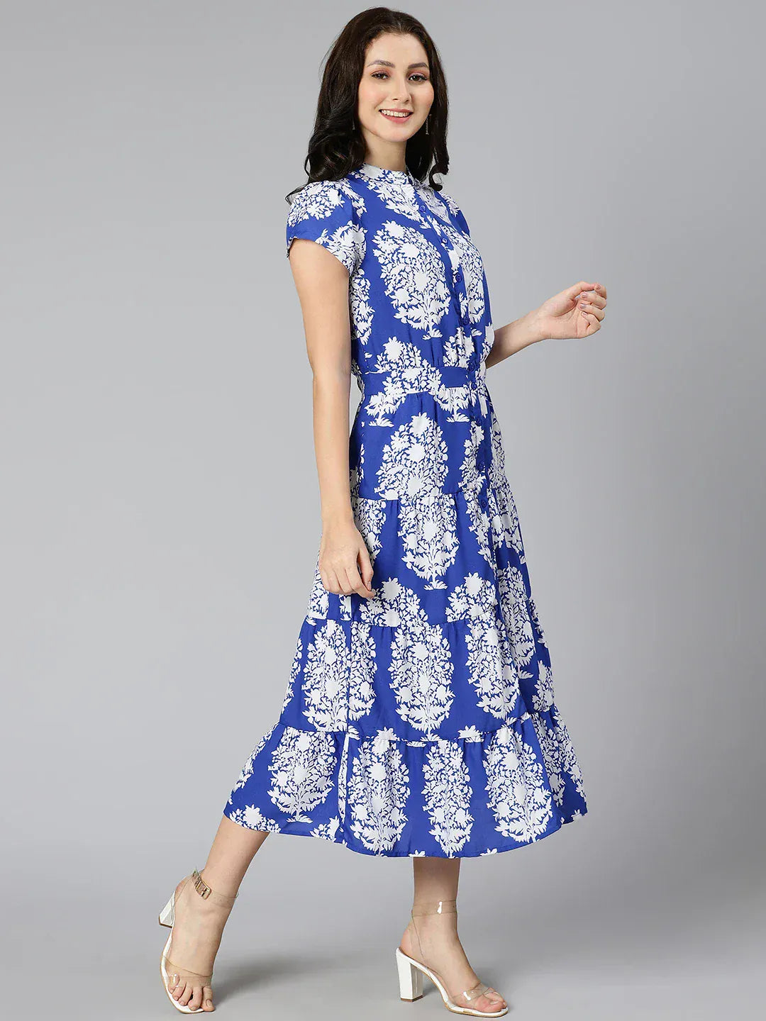 Blue Tropical Printed Rayon Dress