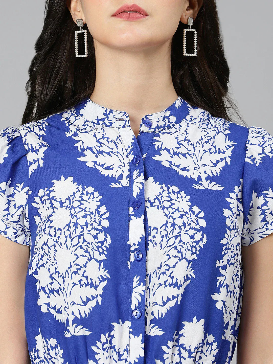 Blue Tropical Printed Rayon Dress