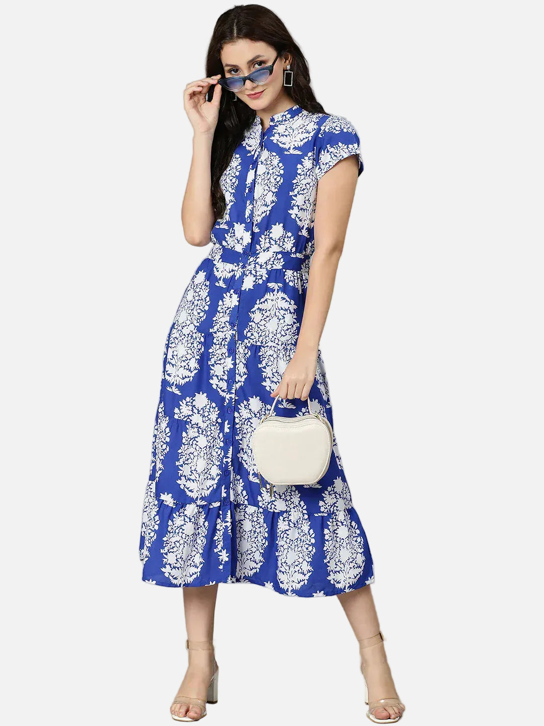 Blue Tropical Printed Rayon Dress