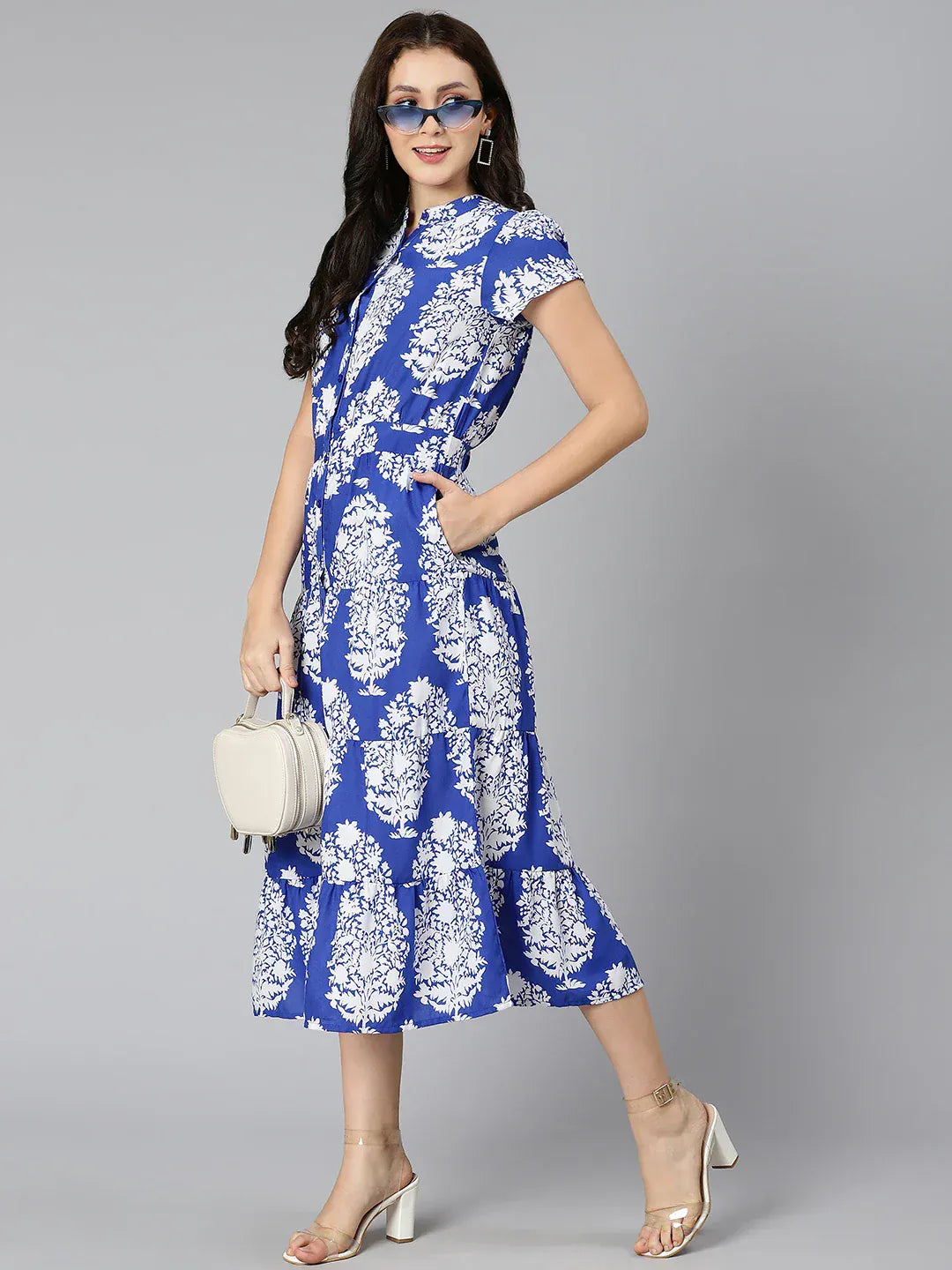 Blue Tropical Printed Rayon Dress