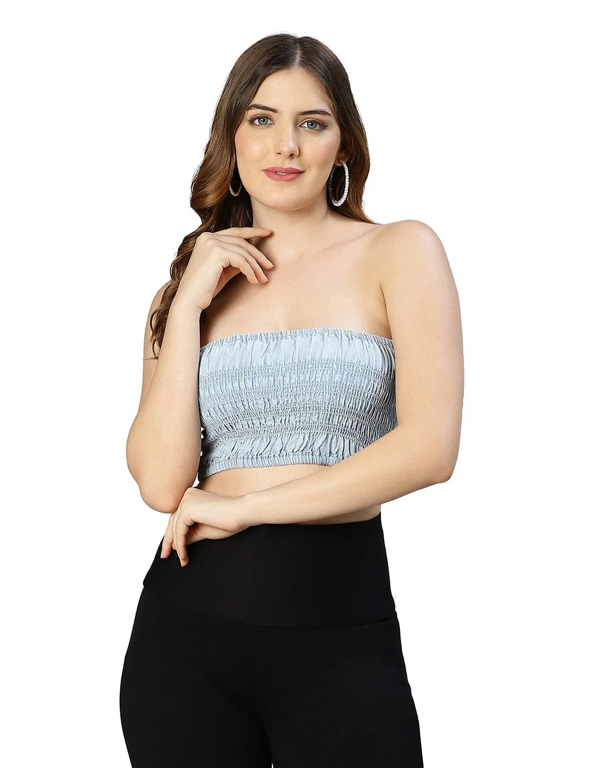 Glacial Light Blue Smocked Women Tube Top - oxolloxo