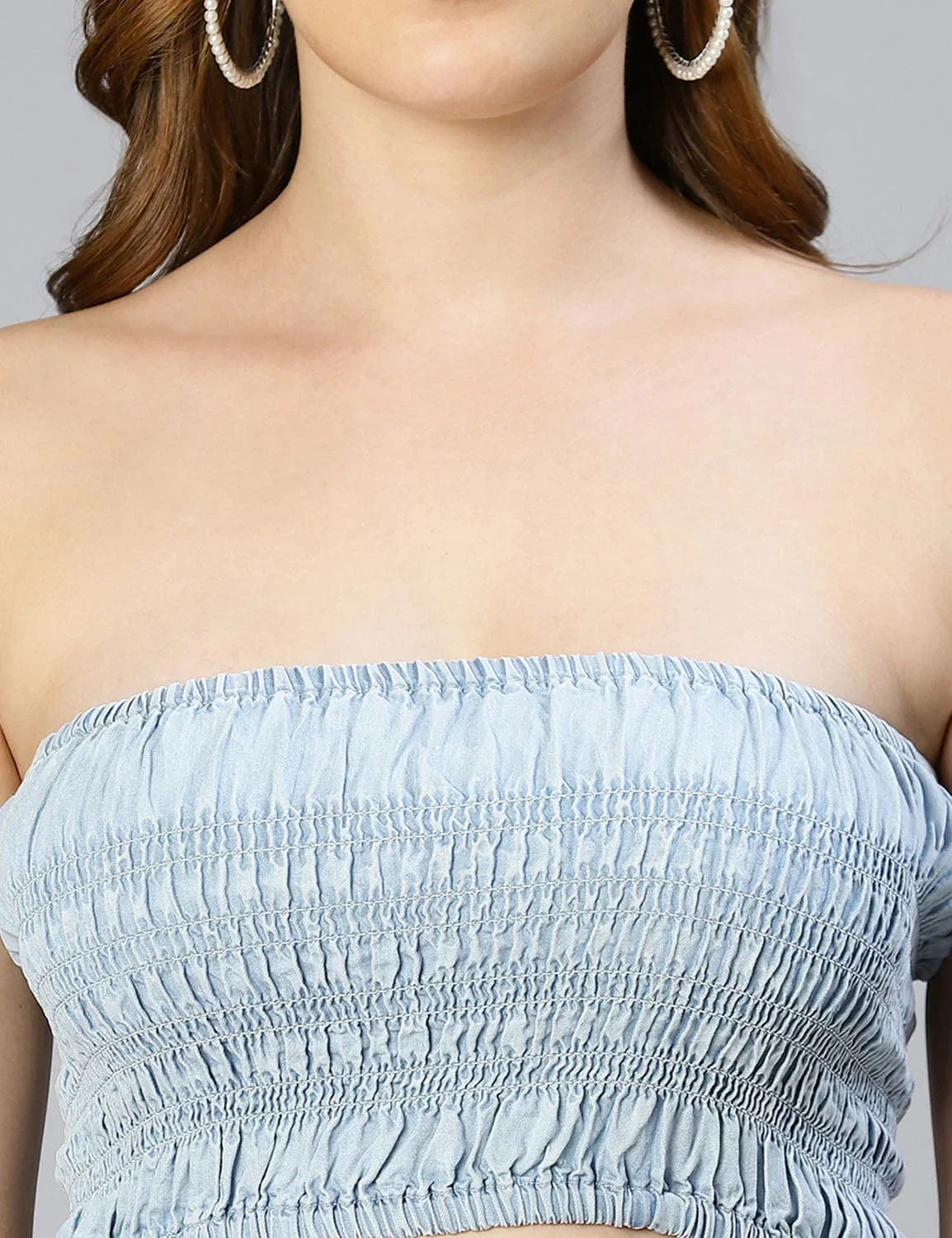 Glacial Light Blue Smocked Women Tube Top - oxolloxo
