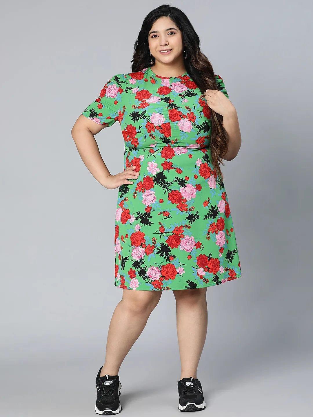 Fantastic Green Color Floral Printed Plus Size Curvy Women Dress - oxolloxo