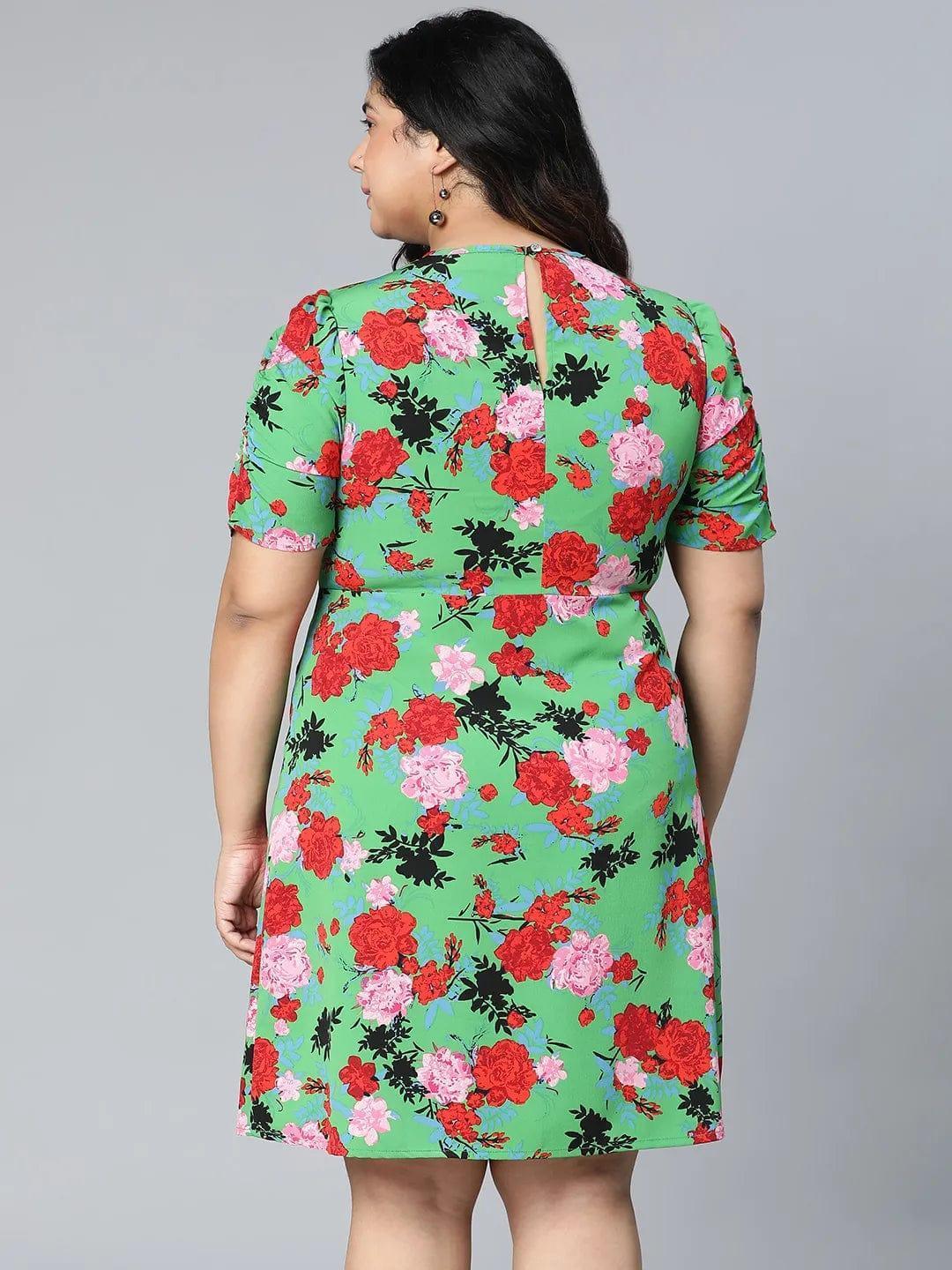 Fantastic Green Color Floral Printed Plus Size Curvy Women Dress - oxolloxo