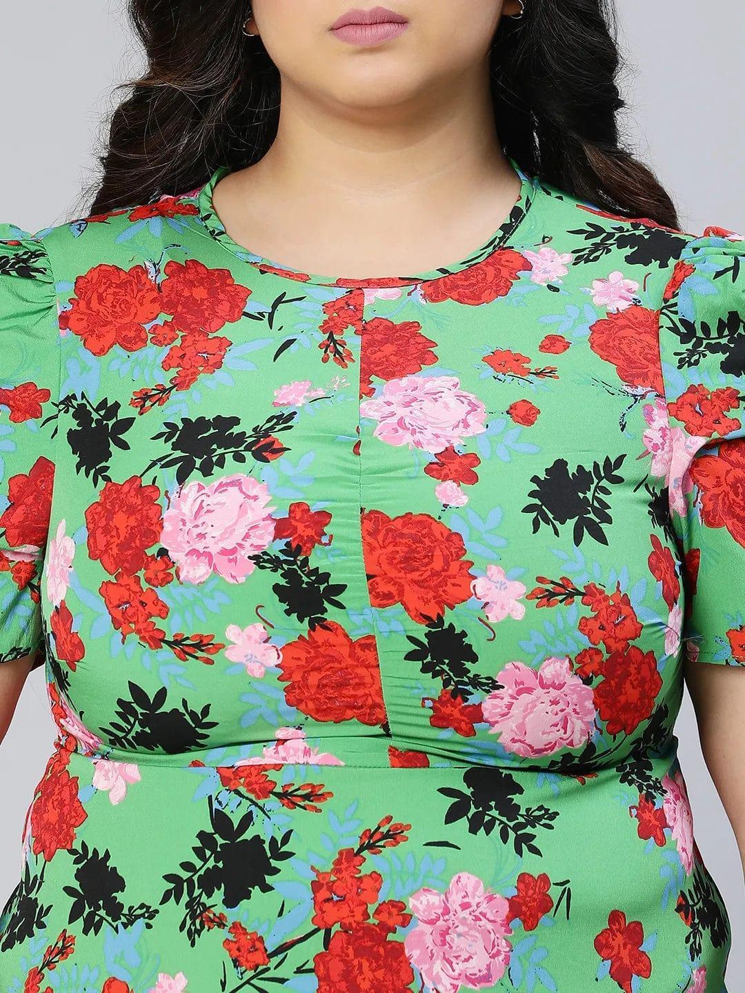 Fantastic Green Color Floral Printed Plus Size Curvy Women Dress - oxolloxo