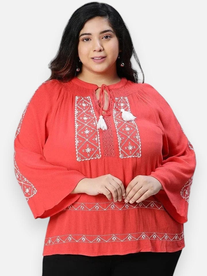 Plus Size Red Embroidered Top
