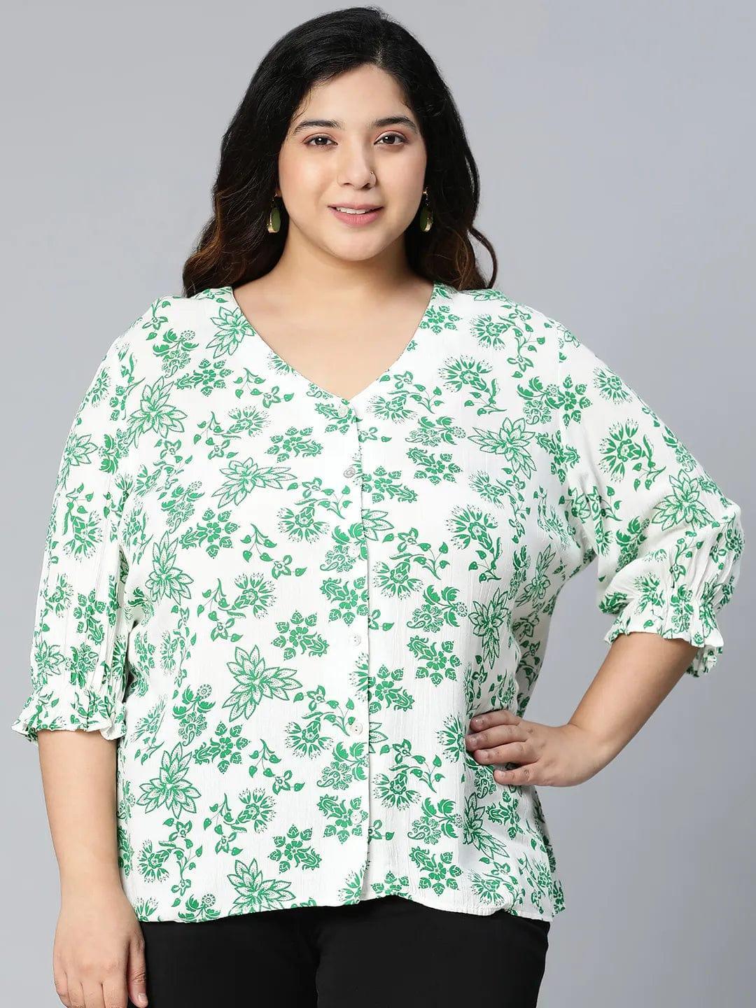 Plus size green floral print viscose top with bell sleeves
