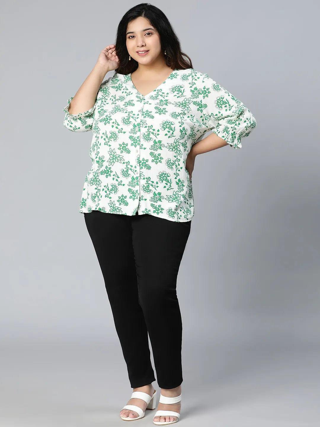 Plus size green floral print viscose top with bell sleeves, photo 2