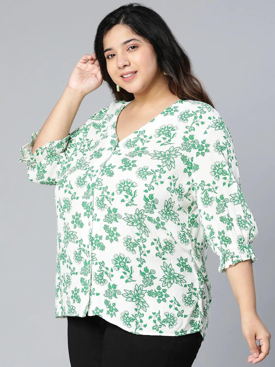 Plus size green floral print viscose top with bell sleeves, photo 3