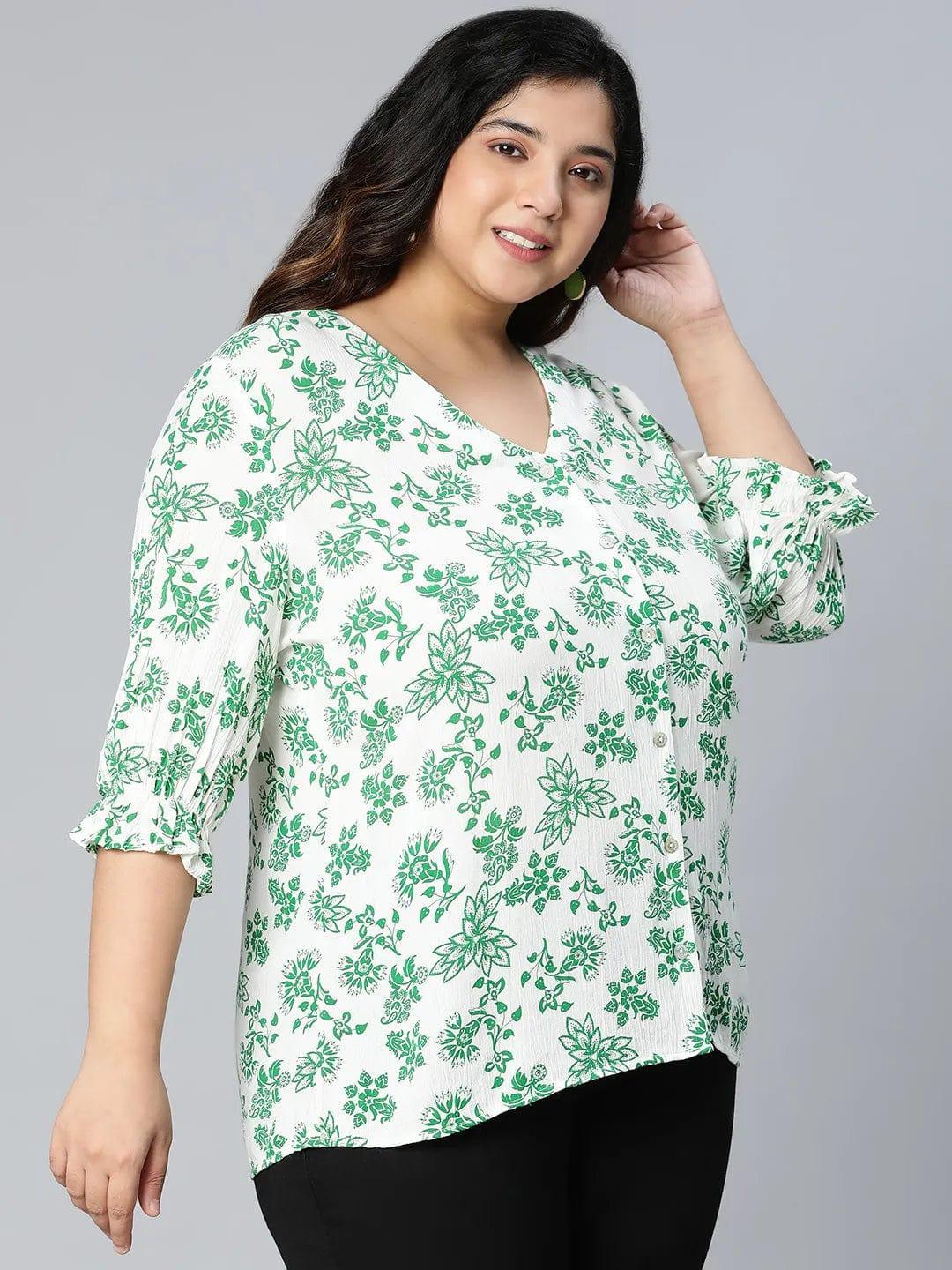 Plus size green floral print viscose top with bell sleeves, photo 4