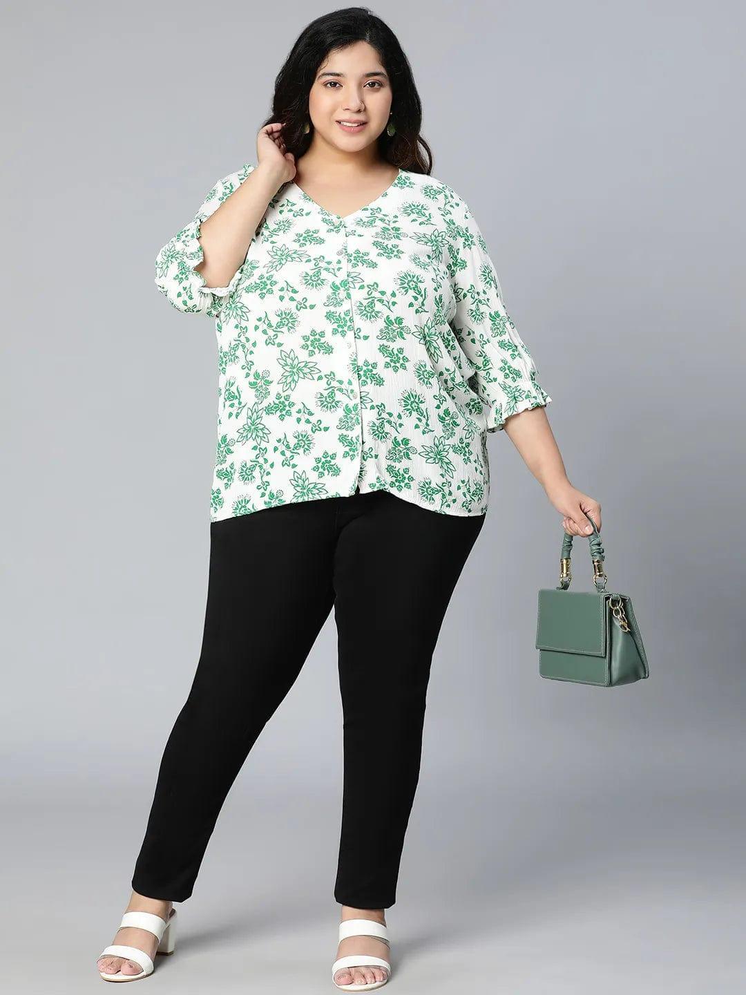 Plus size green floral print viscose top with bell sleeves, photo 7