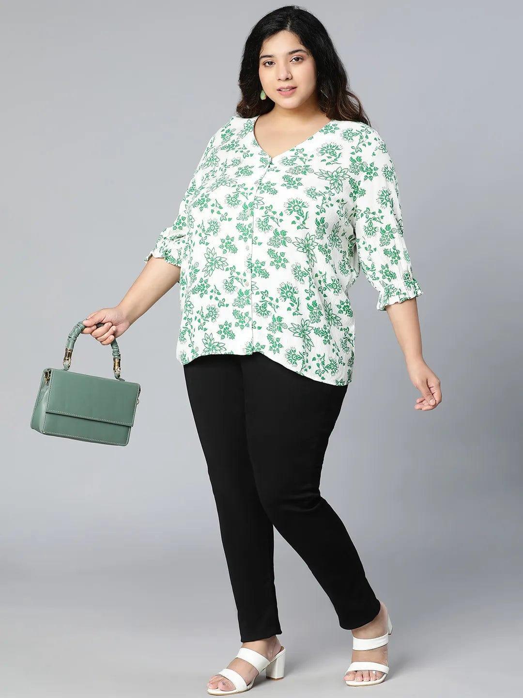 Plus size green floral print viscose top with bell sleeves, photo 8