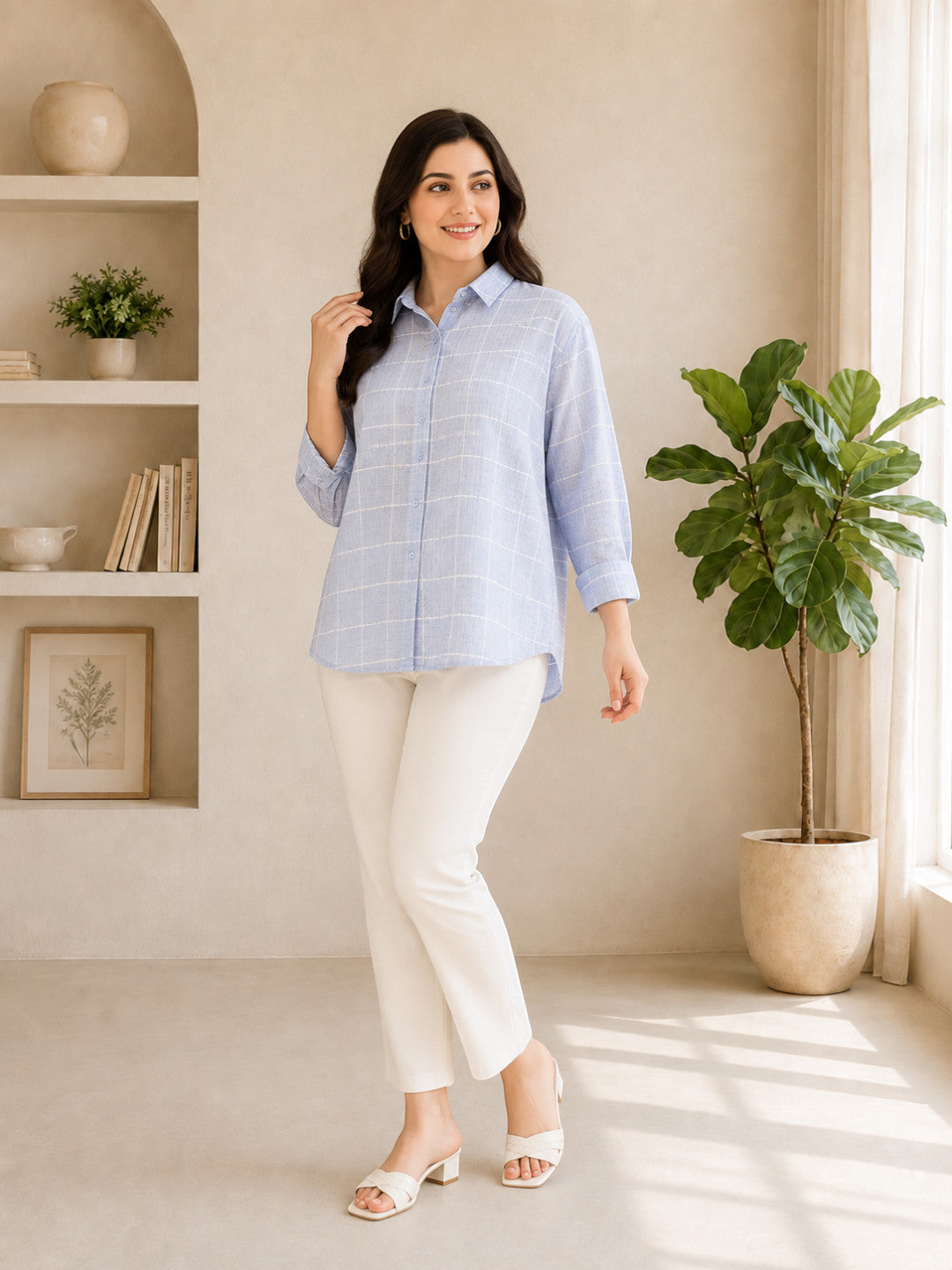 Blue Check Printed Cotton Shirt
