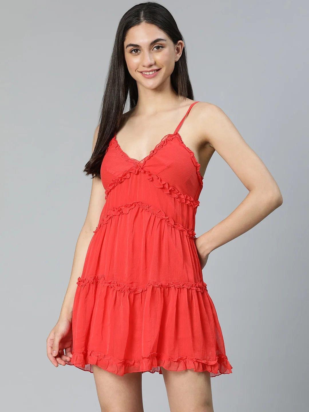 Tickle Red Ruffled Women Nightwear Comfy Dress For Stylish Look - oxolloxo