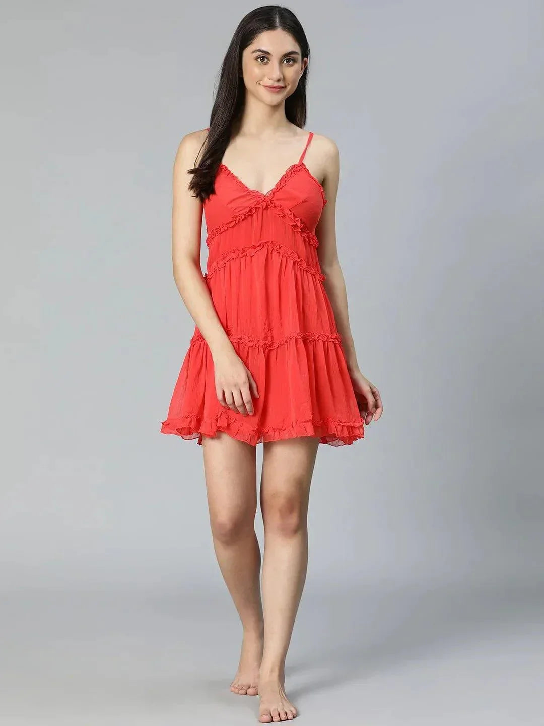 Tickle Red Ruffled Women Nightwear Comfy Dress For Stylish Look - oxolloxo