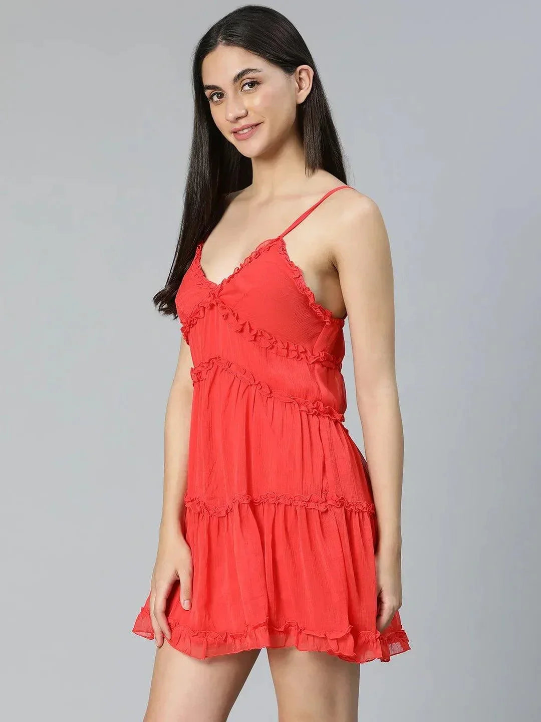 Tickle Red Ruffled Women Nightwear Comfy Dress For Stylish Look - oxolloxo