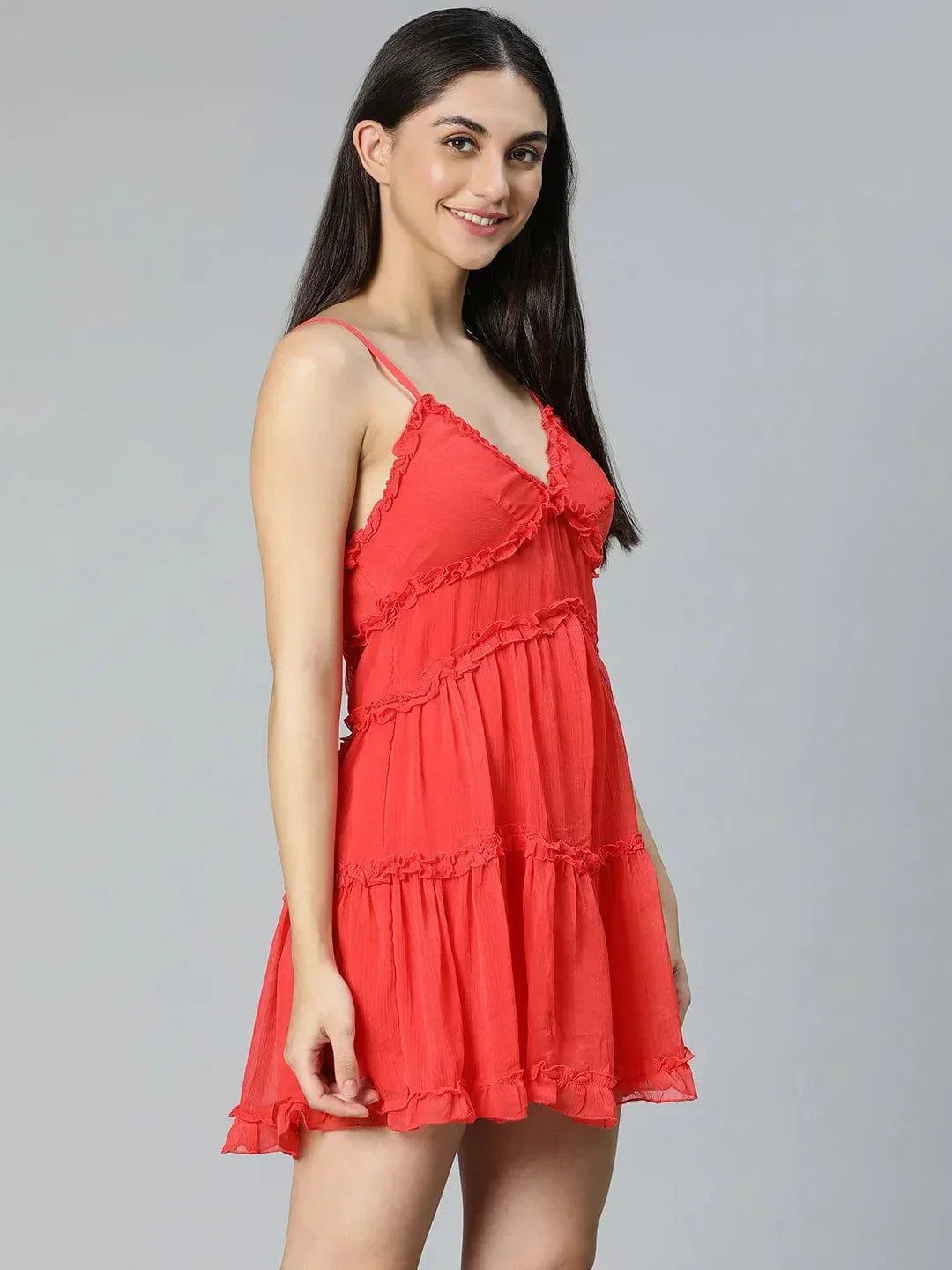 Tickle Red Ruffled Women Nightwear Comfy Dress For Stylish Look - oxolloxo