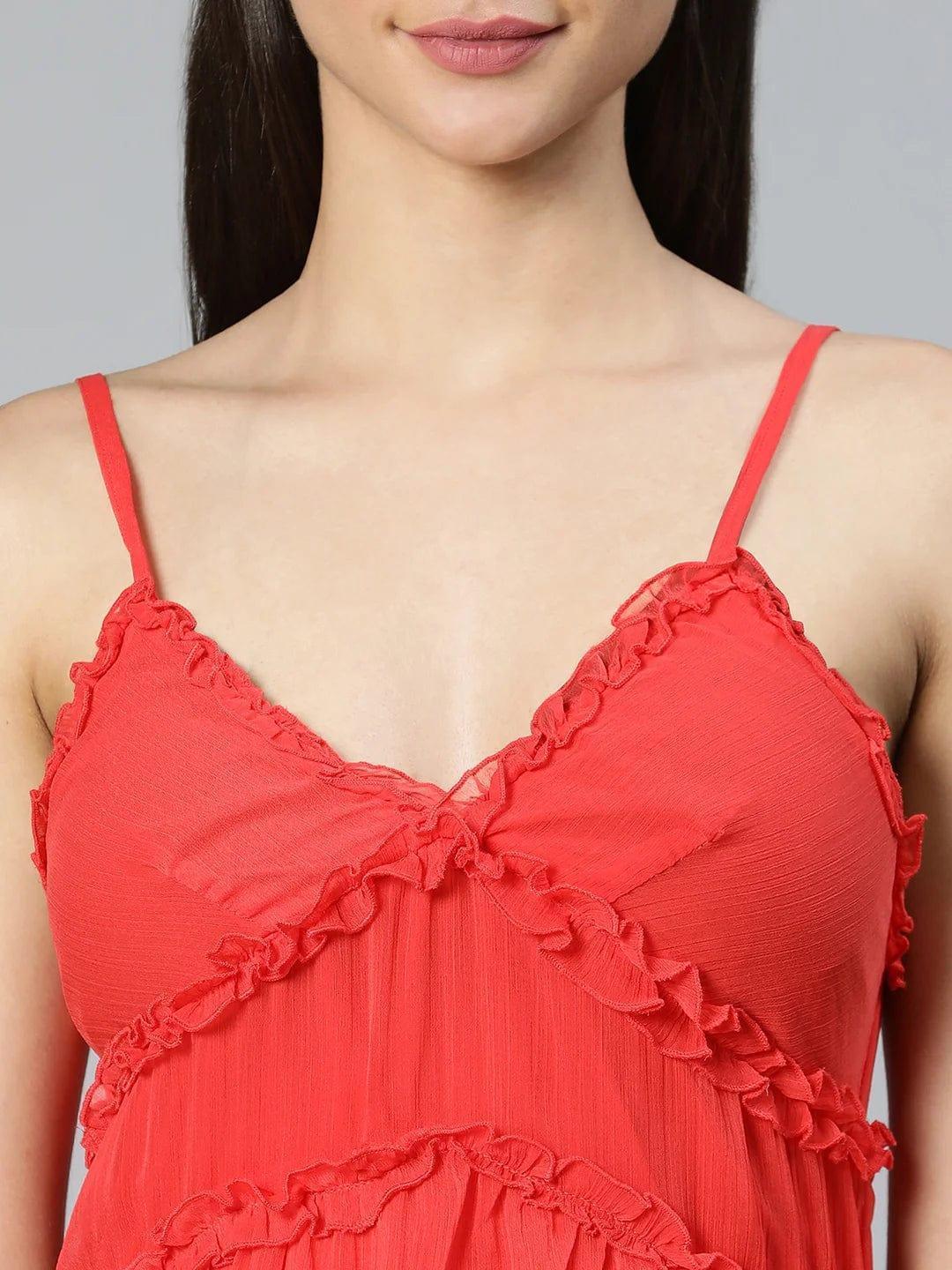 Tickle Red Ruffled Women Nightwear Comfy Dress For Stylish Look - oxolloxo