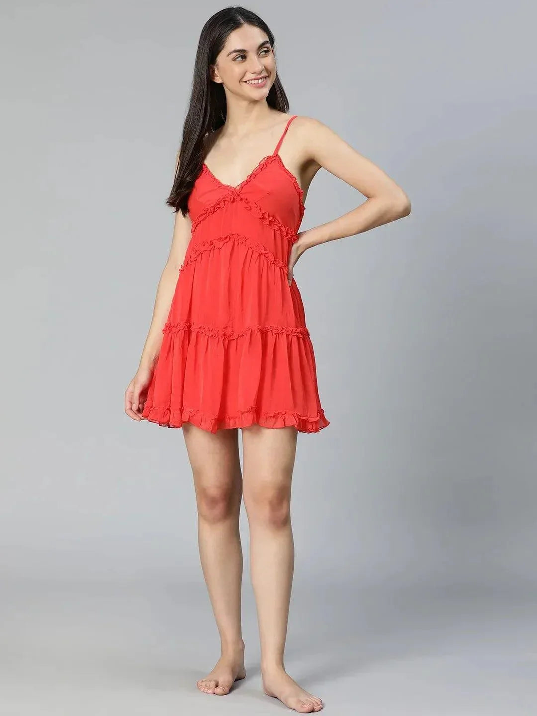 Tickle Red Ruffled Women Nightwear Comfy Dress For Stylish Look - oxolloxo