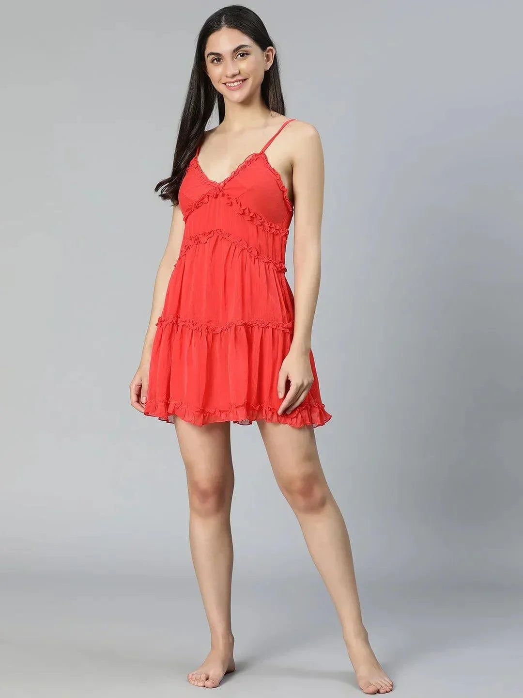 Tickle Red Ruffled Women Nightwear Comfy Dress For Stylish Look - oxolloxo