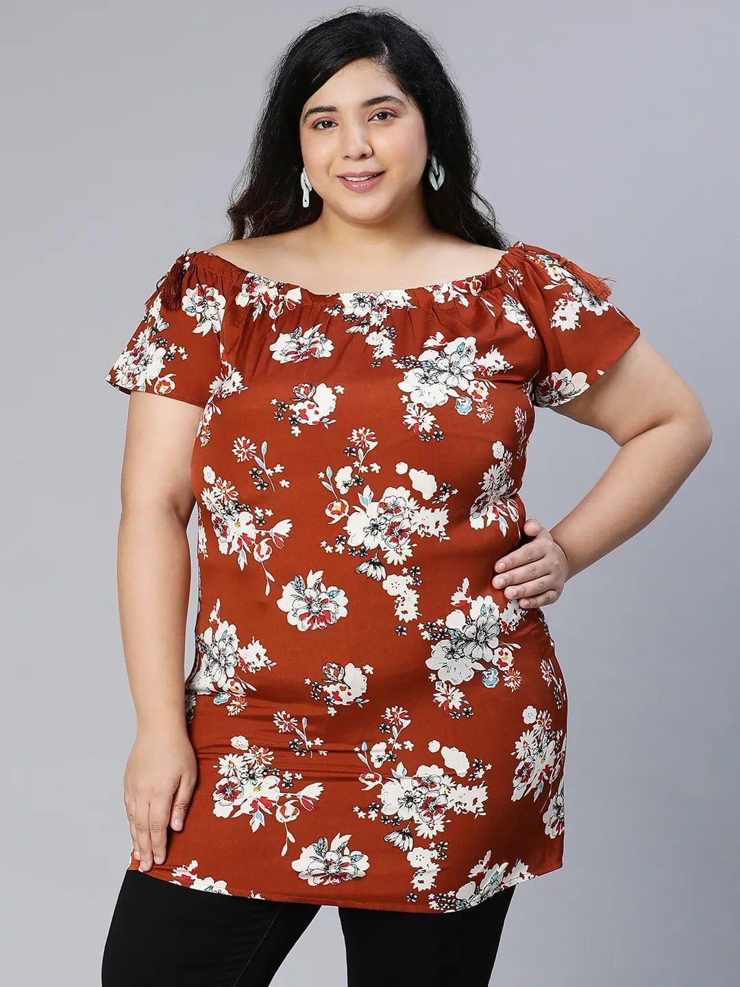 Smarten Brown Floral Print Women Plus Size Tunic - oxolloxo