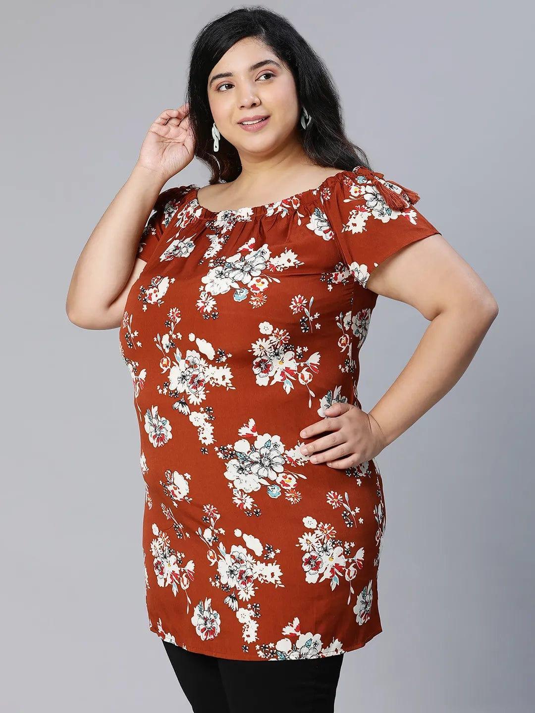 Smarten Brown Floral Print Women Plus Size Tunic - oxolloxo